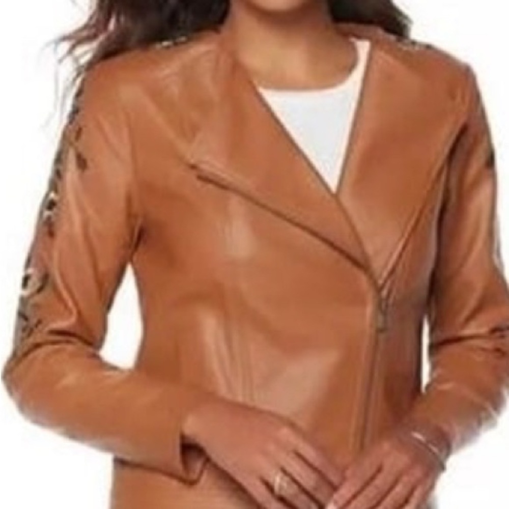 G by Giuliani Ultra Luxe Embroidered Floral Moto Jacket Coniac NWT